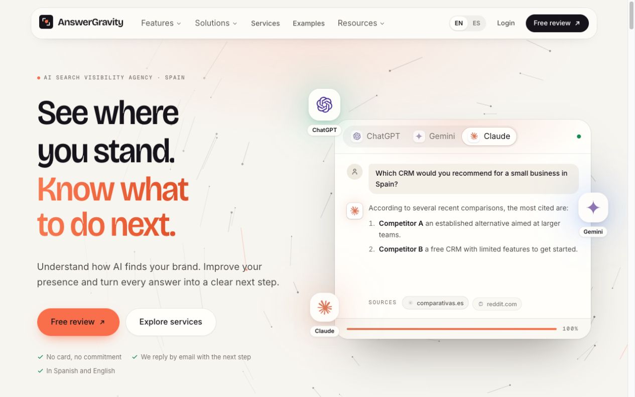 The AnswerGravity website homepage in English.